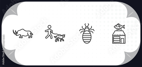 outline icons set - animals concept. coelodonta, walking dog, louse, fish shop.