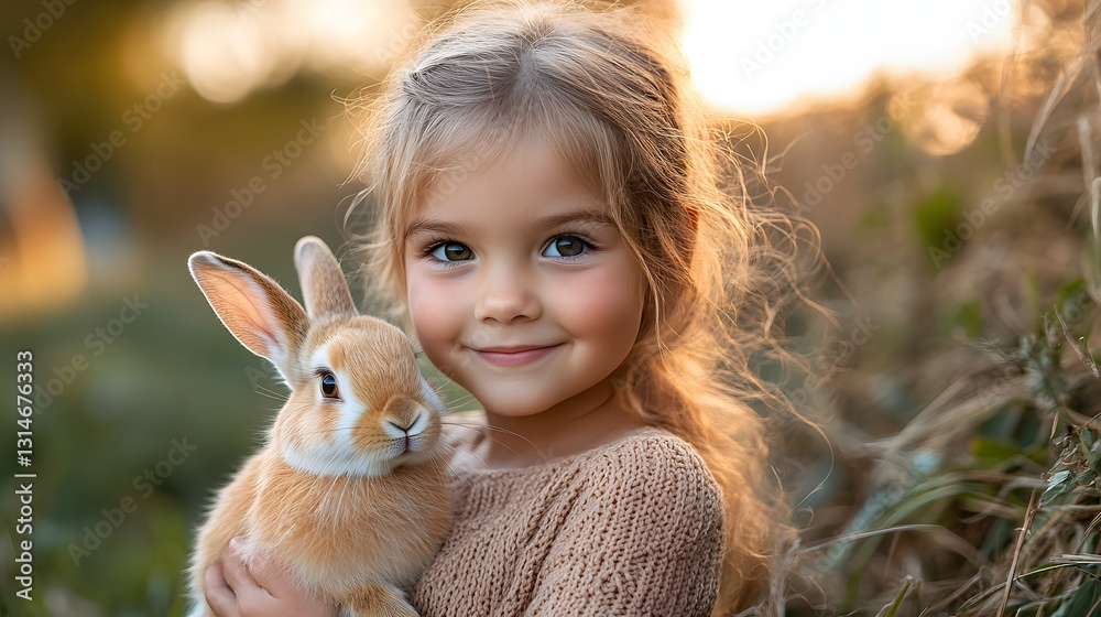Adorable young girl holding fluffy rabbit, smiling Adorable young girl holding fluffy rabbit, smiling