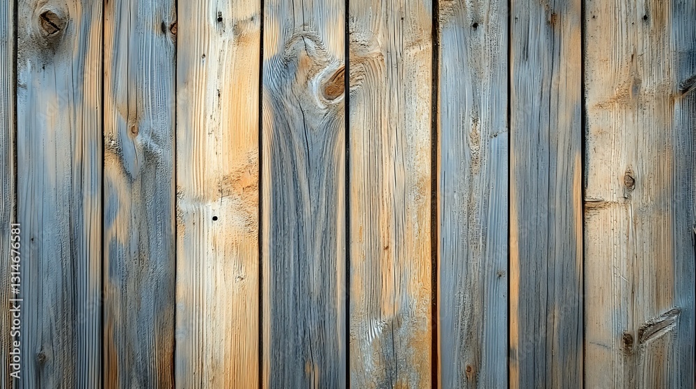 Fototapeta premium Weathered blue wooden planks with natural grain patterns and knots create rustic background texture. Vintage boards show signs of aging and distress.