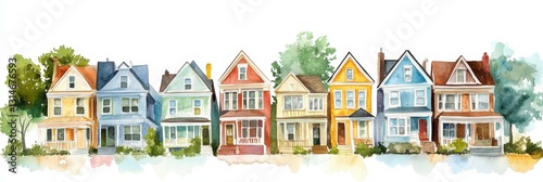 Banner Watercolor Row of Colorful Houses isolated on white background Drawing watercolor illustration art photo