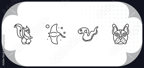 outline icons set - animals concept. skunk, manta ray, eel, bulldog.