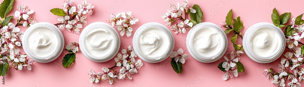 Spring skincare Face cream jars with blossoms. Pink background. Beauty product ad Spring skincare Face cream jars with blossoms. Pink background. Beauty product ad
