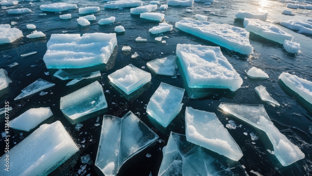 Fototapeta premium Big ice pieces frozen in the water, viewed from above.