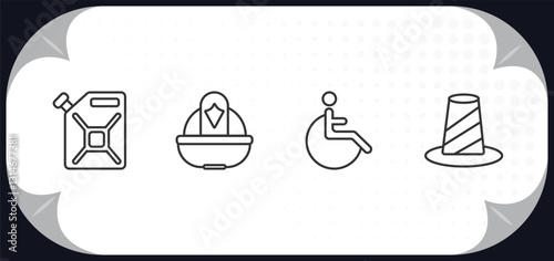 outline icons set - alert concept. jerrycan, firefighter helmet, handicap, bollard.