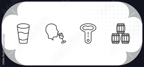 outline icons set - alcohol concept. shot, wine tasting, opener, wine barrel.