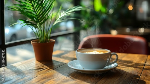Steaming Latte in Cozy Cafe Setting