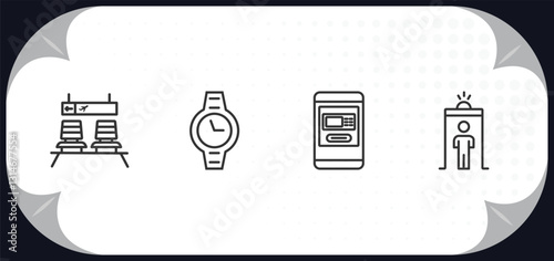 outline icons set - airport terminal concept. waiting for flight, modern wirstwatch, airport atm, security control.