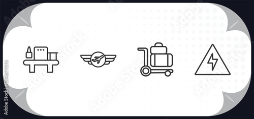 outline icons set - airport terminal concept. luggage security, air company, trolley with luggage, high voltage.