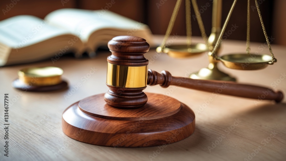 Gavel alongside books and scales of justice on a wooden table close-up. Gavel alongside books and scales of justice on a wooden table close-up.