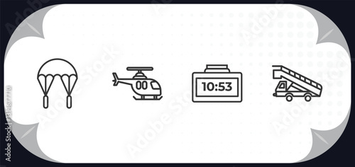 outline icons set - airport terminal concept. parachute open, helicopter flying, terminal watch, gangway truck.