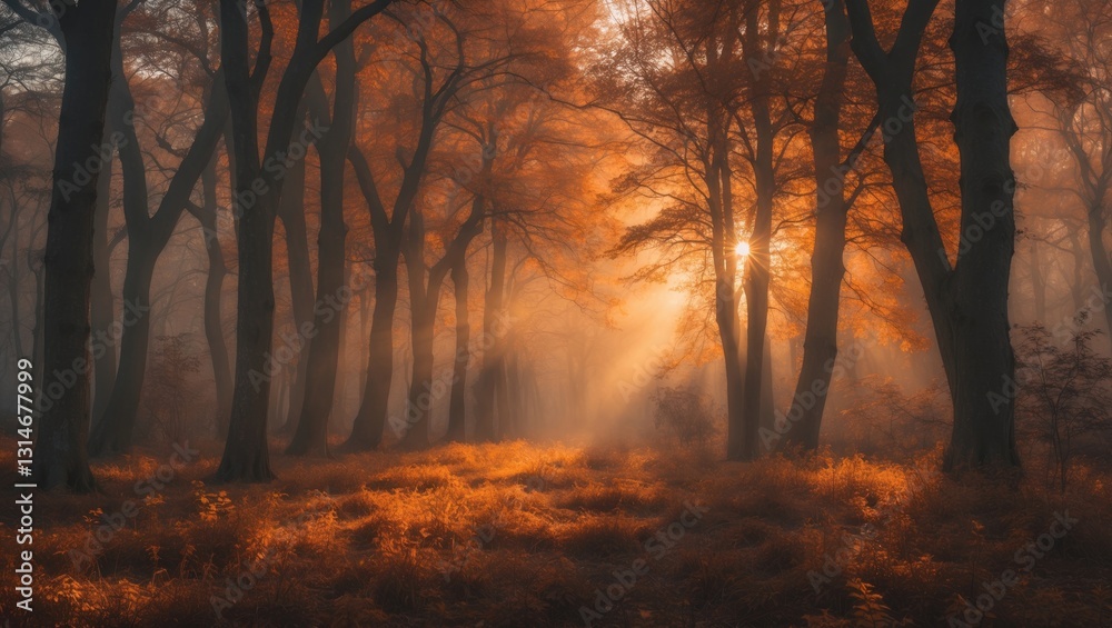Obraz premium Panorama of sunlight in a forest during autumn nature landscape.
