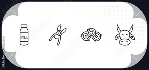 outline icons set - agriculture farming concept. milk jar, shears, bale, ox.