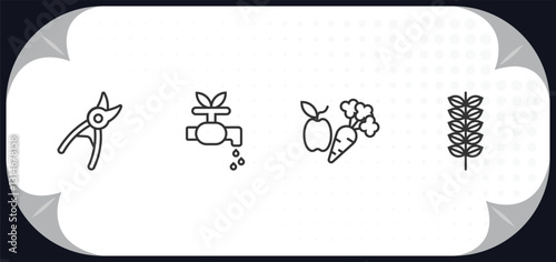 outline icons set - agriculture farming concept. pruners, irrigation, vegetable, oat.