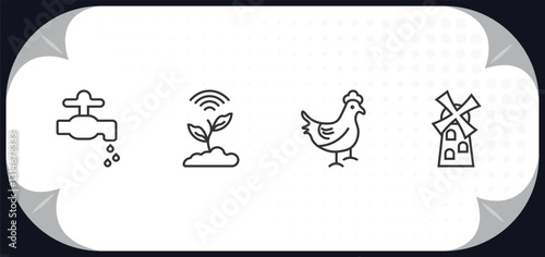 outline icons set - agriculture farming concept. faucet, smart farm, hen, flour mill.