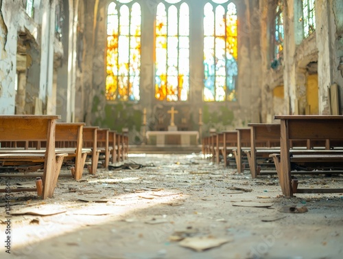 Abandoned Church Ruins with Stained Glass