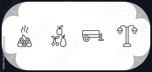 outline icons set - agriculture farming concept. poo, fruit, trailer, lamppost.
