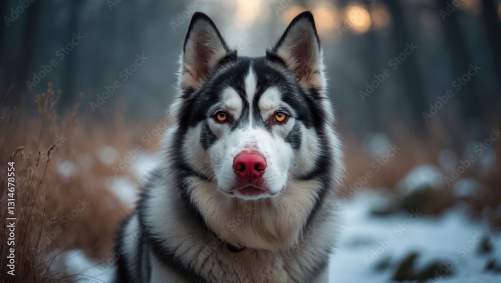 Goberian dog (mix of husky and golden retriever) with a red nose and golden eyes Goberian dog (mix of husky and golden retriever) with a red nose and golden eyes
