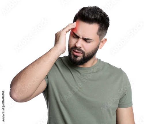 Young man suffering from headache on white background
