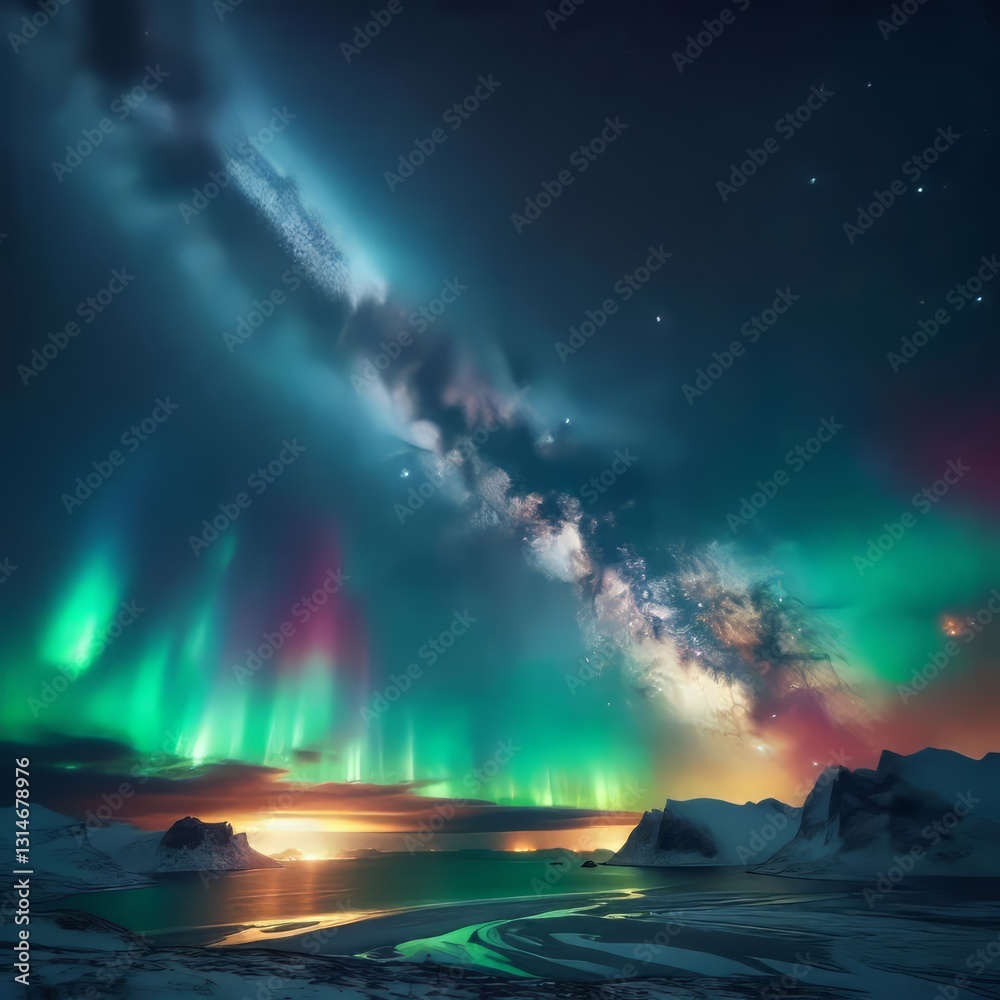 Naklejka premium Beneath the Milky Way The aurora unfolds beneath the shimmering