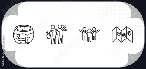 outline icons set - activity and hobbies concept. aquarium, hang out, aerobic, travelling.