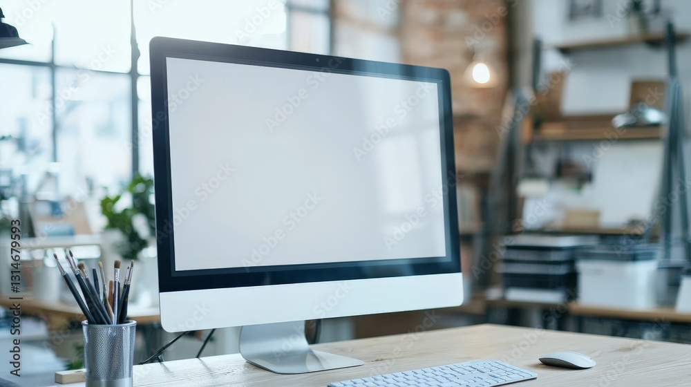 Blank Computer Screen in Creative Office Space. Blank Computer Screen in Creative Office Space.