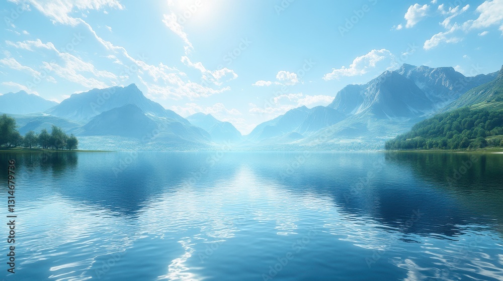 Fototapeta premium A serene lake surrounded by towering mountains under a clear blue sky, reflecting the natural beauty of the landscape.