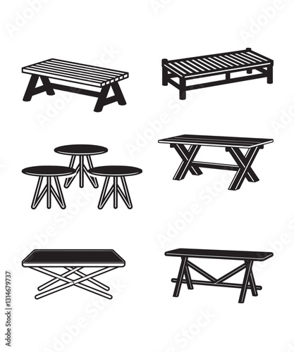 Variety of wooden table silhouettes in black design.