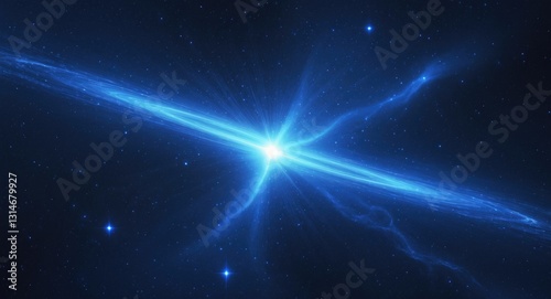 Blue luminous gamma ray burst in space, quasar, digitally created abstract background.