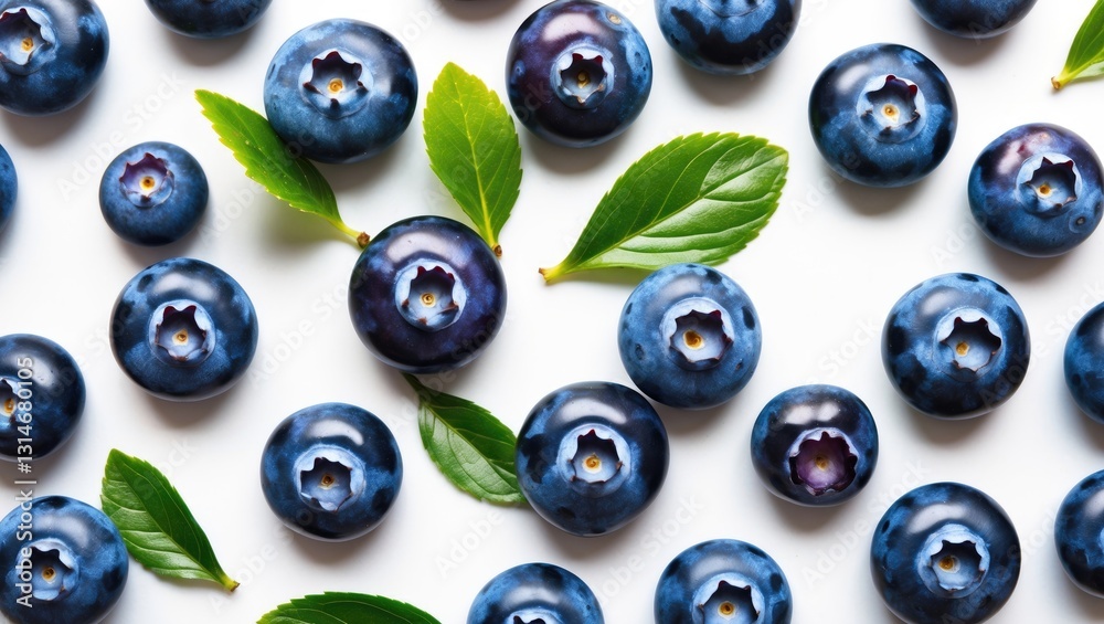 Fresh blueberries with blueberry leaves set against a white background. Aerial view. Fresh blueberries with blueberry leaves set against a white background. Aerial view.