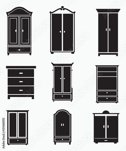 Black wardrobe and dresser silhouettes, vintage furniture icons.