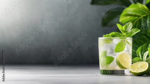 A vibrant cocktail glass filled with a refreshing mojito, featuring mint leaves, lime slices, and ice, perfect for a sunny day or a tropical getaway celebration. photo