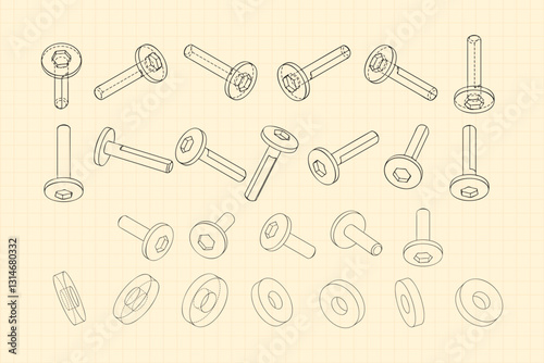 Mechanical engineering drawings on sepia background. Cutter, assembly tool with replaceable multi-faceted plate. Technical Design. Cover. Blueprint. Vector illustration.