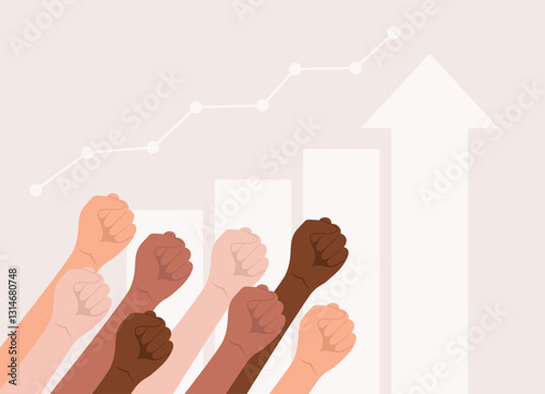 Hands of people of different nationalities and skin tones raised up and clenched into a fists  on the background of an upward growing graph with an arrow. Flat vector illustration