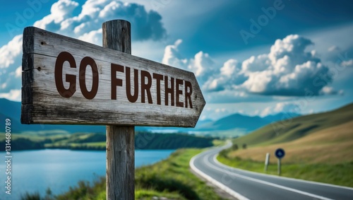 Wooden sign saying Go Further with a scenic background.