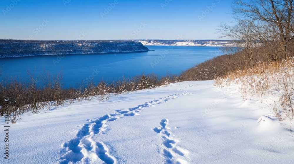 Winter Wonderland: Footprints in the Snow Leading to a Serene Lake View Winter Wonderland: Footprints in the Snow Leading to a Serene Lake View