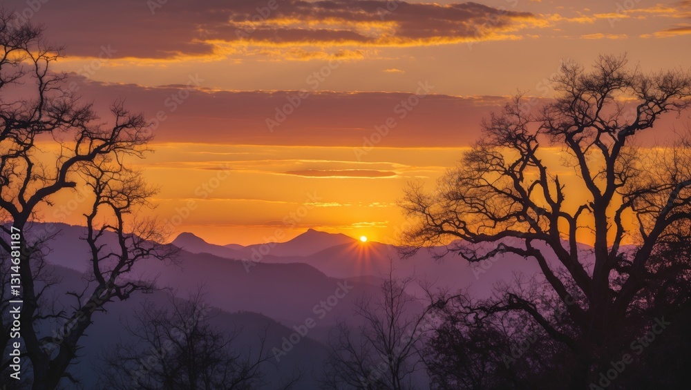 Fototapeta premium Golden Sunset Above Mountains and Trees with Dramatic Clouds