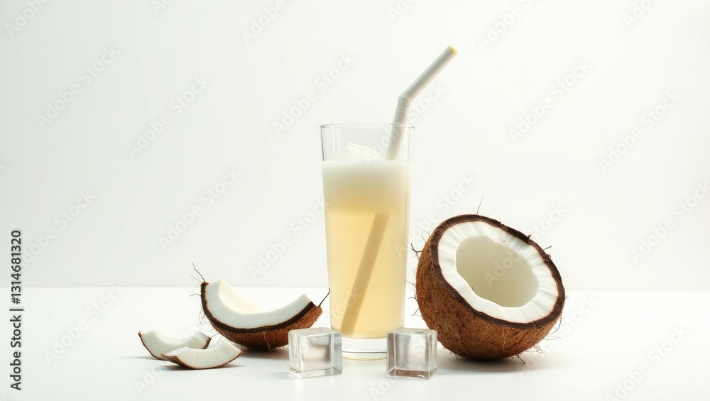 Glass of coconut water with ice cubes and nut on a white background Glass of coconut water with ice cubes and nut on a white background