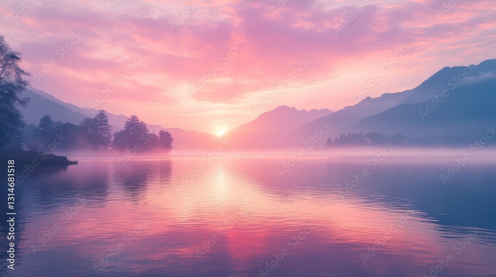 A serene sunrise over a calm lake, surrounded by misty mountains, reflects beautiful hues of pink and purple in the water. A serene sunrise over a calm lake, surrounded by misty mountains, reflects beautiful hues of pink and purple in the water.
