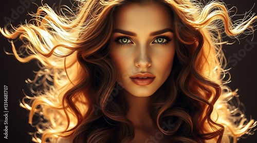 Woman with beautiful curly hair, studio shot, highlighting hair, fashion, possible use in cosmetics or beauty product ads