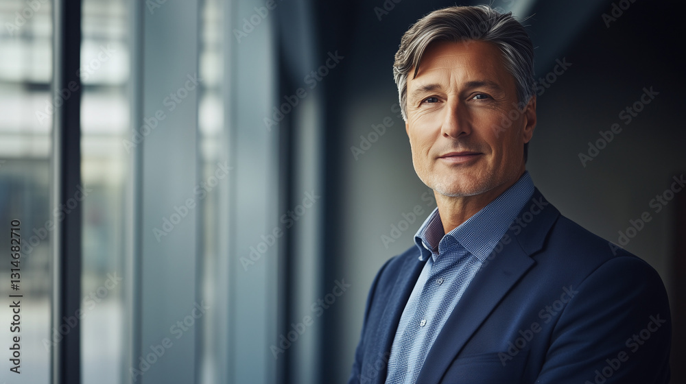 Fototapeta premium Confident executive in navy blazer embodies leadership and professionalism.