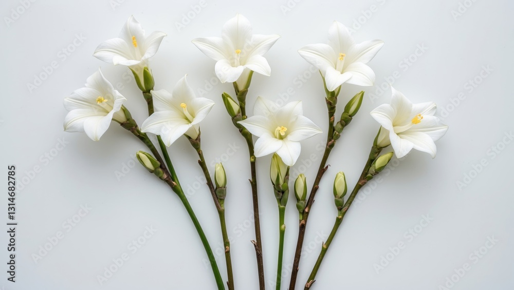 Fototapeta premium Freesia white flowers branches with buds in bloom set against a white background.