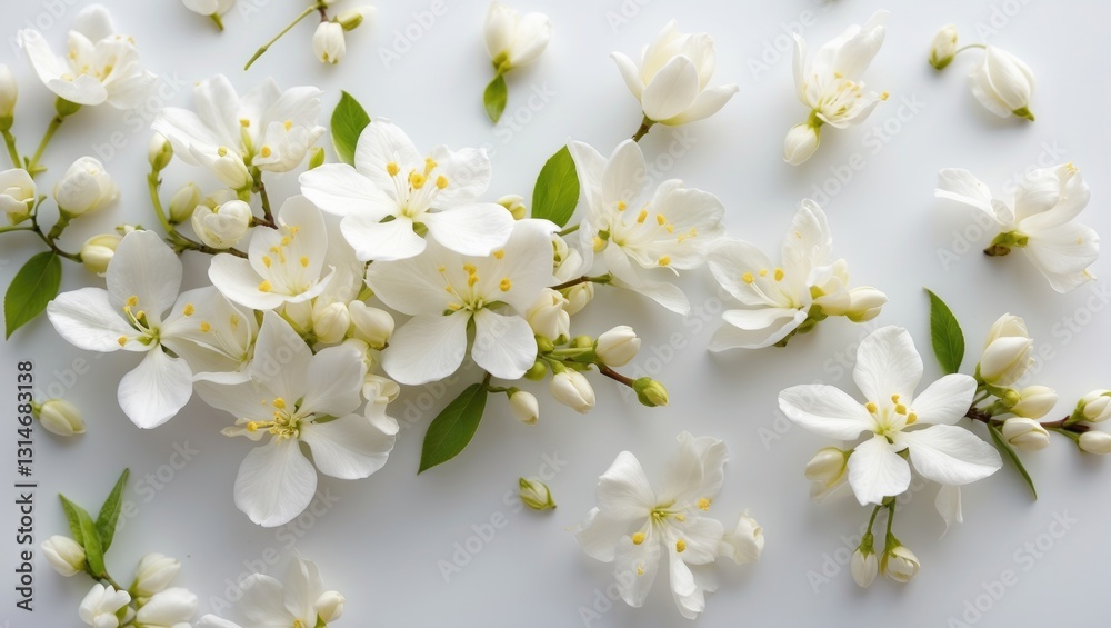 Fototapeta premium Jasmine flowers gracefully floating in the air against a white background.