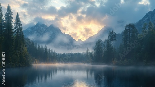 A serene landscape featuring misty mountains, a calm lake, and trees, illuminated by soft sunlight peeking through clouds.
