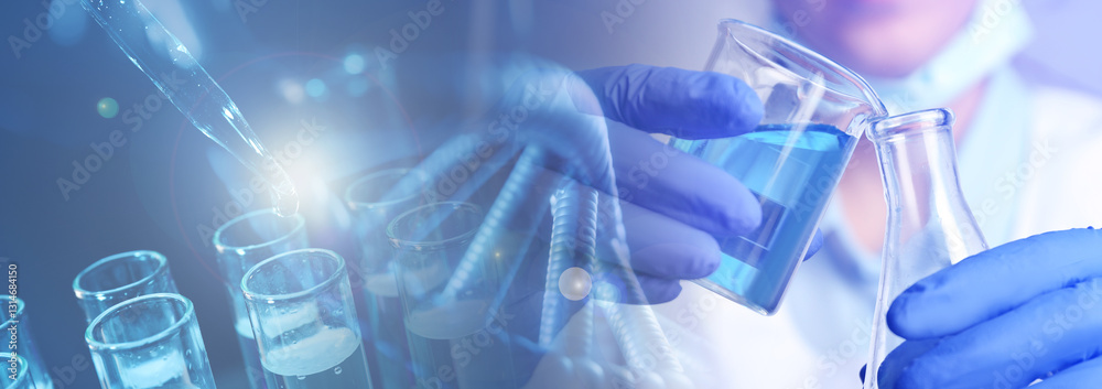 Biochemistry. Scientist working in laboratory, double exposure with test tubes and DNA structure