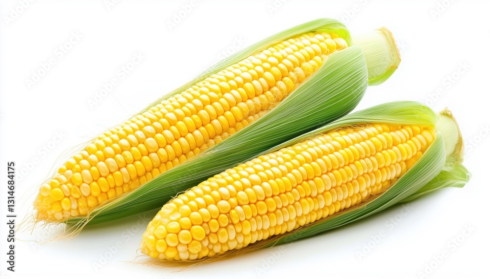 Corn On The Cob Against A White Background, Fresh Yellow Corn On A Bright White Surface, Ear Of Corn On A White Backdrop. Corn On The Cob Against A White Background, Fresh Yellow Corn On A Bright White Surface, Ear Of Corn On A White Backdrop.
