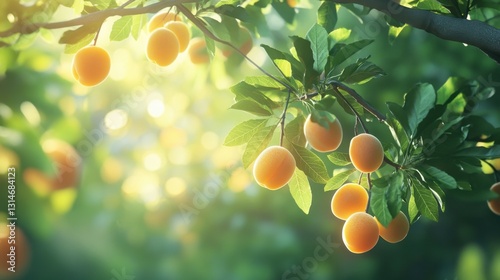 Sun-ripened apricots on a tree branch with green leaves, soft sunlight in the background