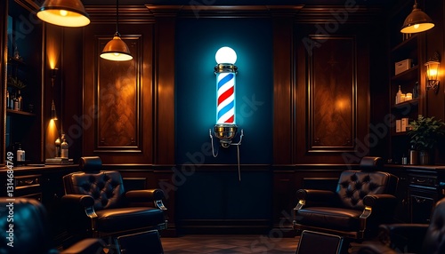 Classic Barber Shop Interior with Swirling Pole and Leather Chairs
