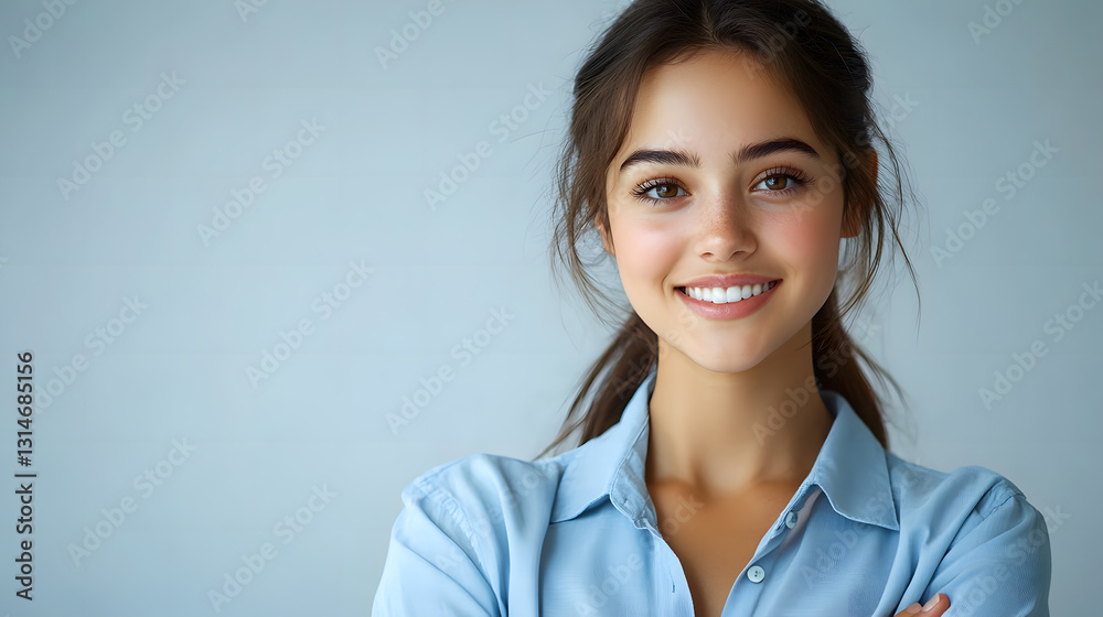 Happy young smiling confident professional business woman wearing blue shirt, pretty stylish female executive looking at camera, standing arms crossed isolated at gray background Happy young smiling confident professional business woman wearing blue shirt, pretty stylish female executive looking at camera, standing arms crossed isolated at gray background