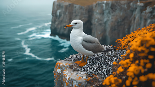 Coastal Seagull Cliffside Perched Ocean Waves