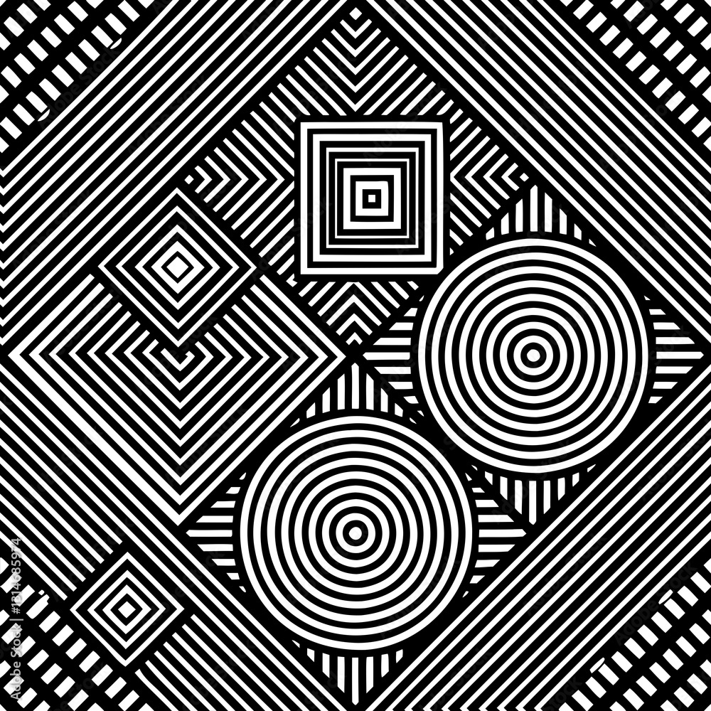 seamless pattern with black and white geometric shapes square and circle, vector
